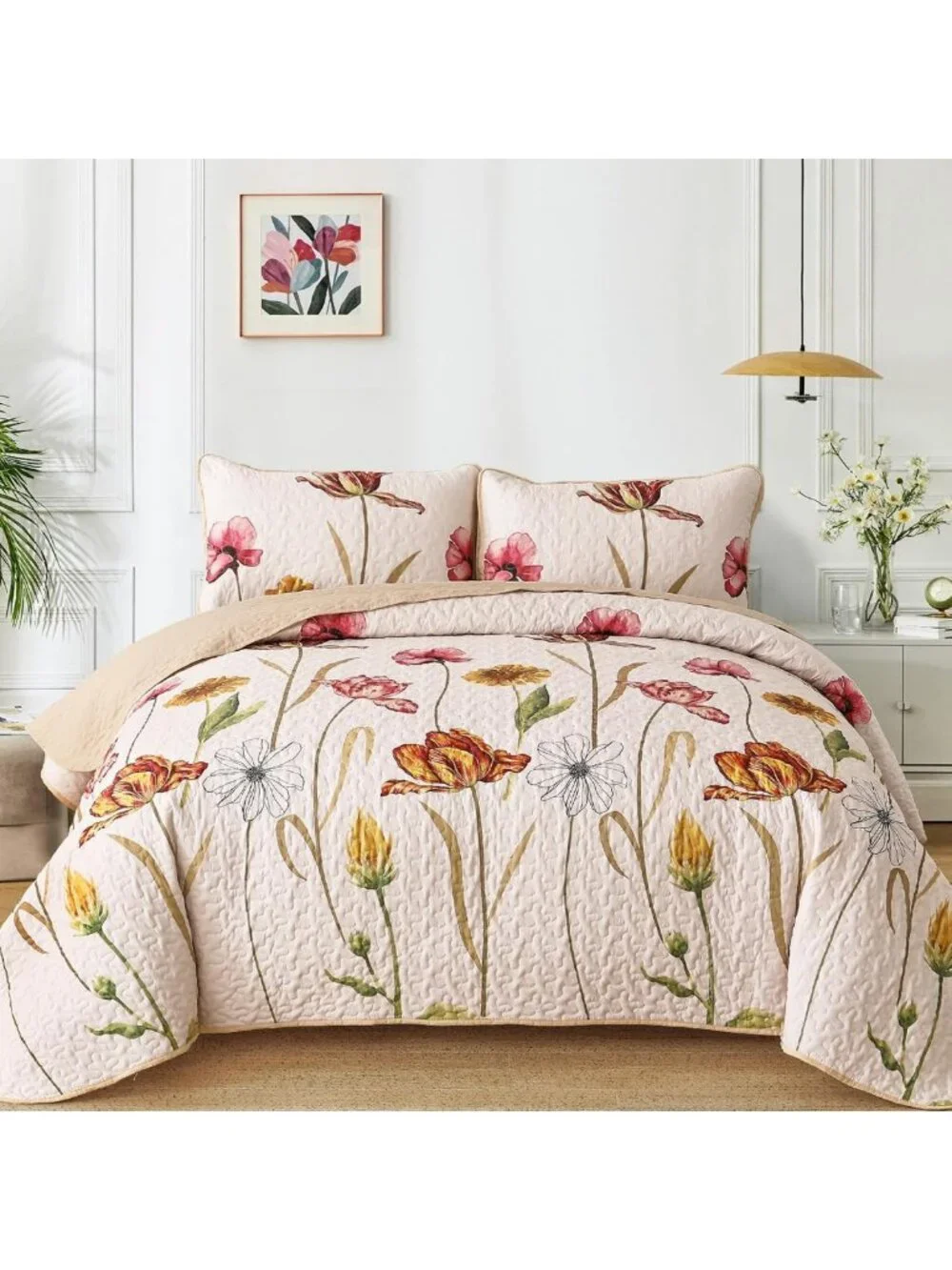 Floral Quilt Set Queen Size - 3 Piece Beige Bedspread for Cozy Bedroom Decor